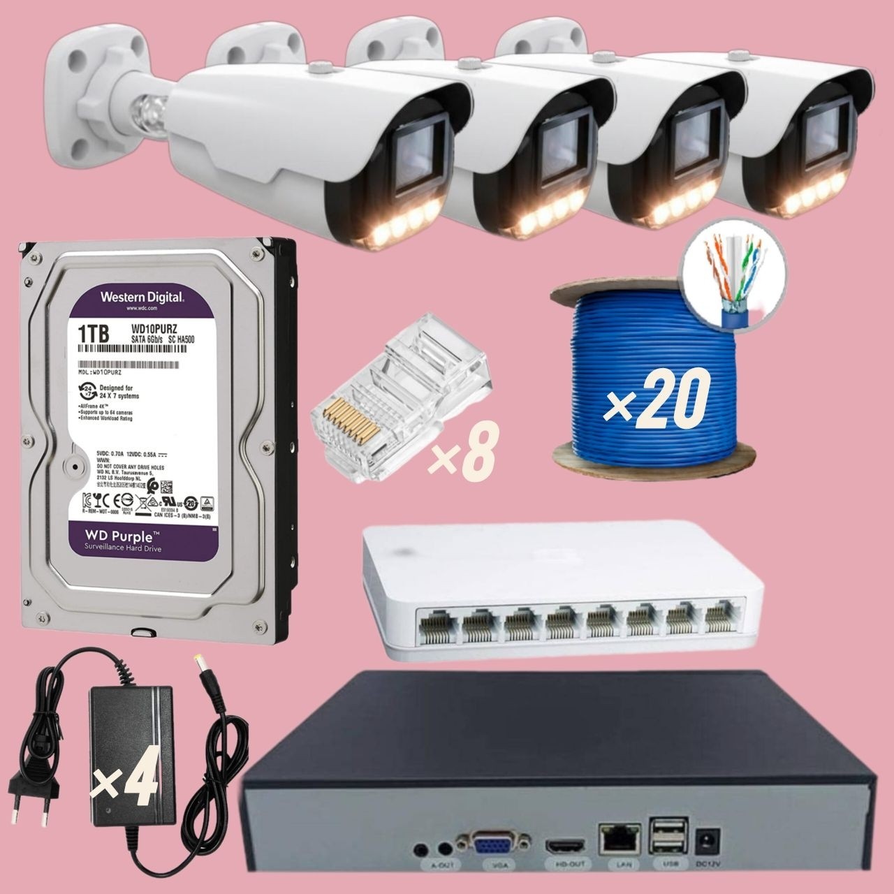 پک دوربین مداربسته 4تایی ip تحت شبکه با هارد 1 ترابایت